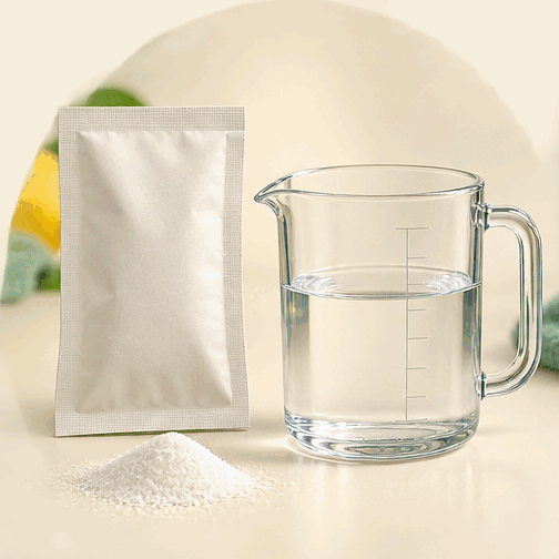 Animated demonstration of SundarCare liquid detergent powder being mixed with water
